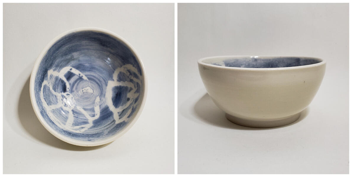 Floral Bowl (B), 2019, porcelain, glaze: floating blue, clear