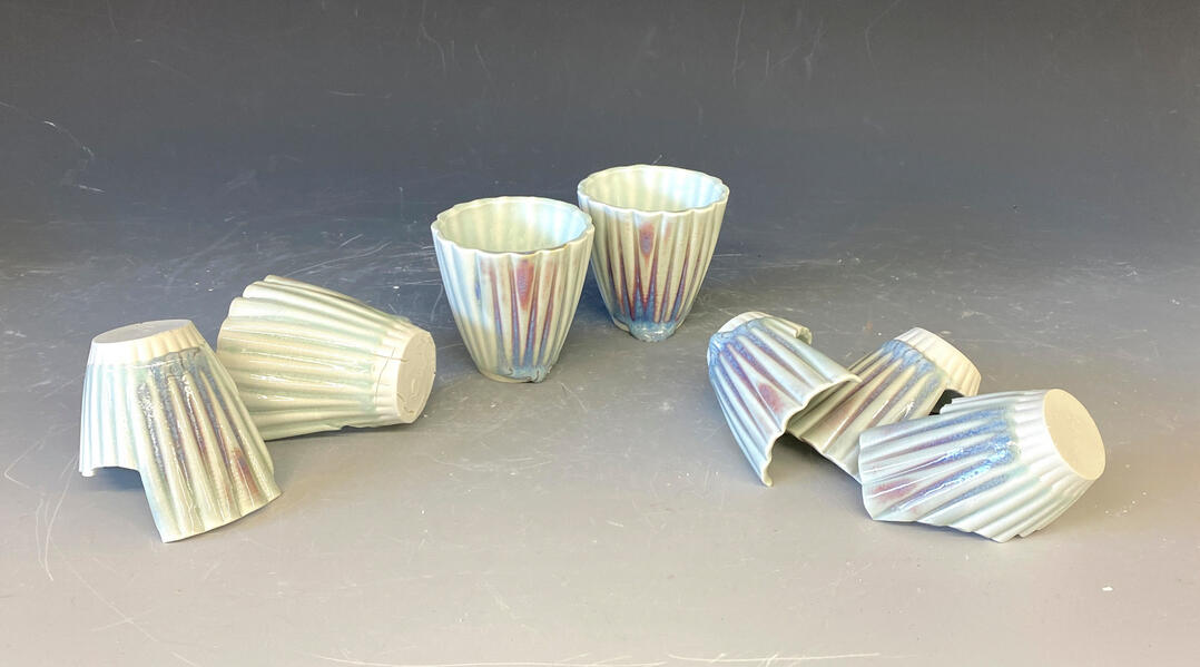 Slipcast Cups, 2020, porcelain, glaze: chun blue, chun red, clear