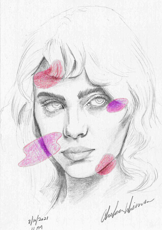 Billie Eilish (Vogue), 2021, colored pencil and graphite on index card